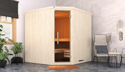 Weka Elementsauna Varberg 3 Trend Familiensauna mit Eckeinstieg & weiß lasierten Fronten - 68 mm inkl. gratis Sauna-Set im Wert von 240,40 € (10-teilig)