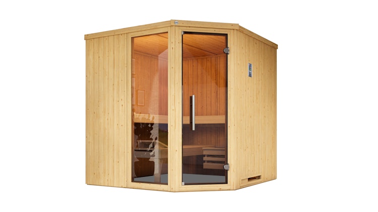 Weka Elementsauna Varberg 3 - 68 mm Sparset 1 inkl. 7,5 kW Ofen mit Steuergerät inkl. gratis Sauna-Set im Wert von 240,40 € (10-teilig)