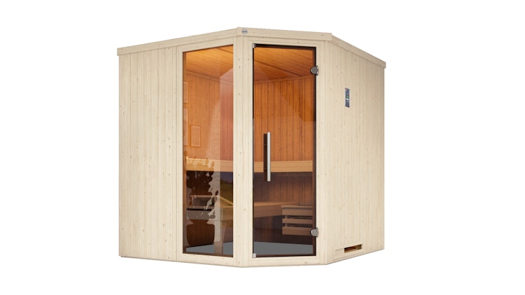 Weka Elementsauna Varberg 3 Trend Familiensauna mit Eckeinstieg & weiß lasierten Fronten - 68 mm inkl. gratis Sauna-Set im Wert von 240,40 € (10-teilig) Bild