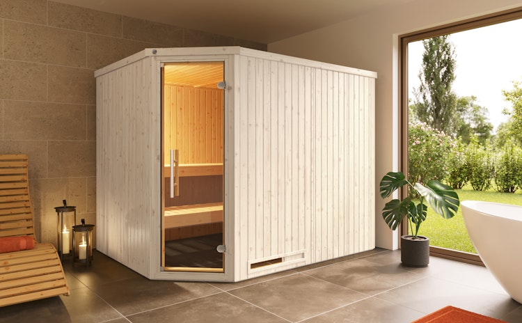 Weka Elementsauna Varberg 4 Trend Familiensauna mit Eckeinstieg & weiß lasierten Fronten - 68 mm inkl. gratis Sauna-Set im Wert von 240,40 € (10-teilig) Bild