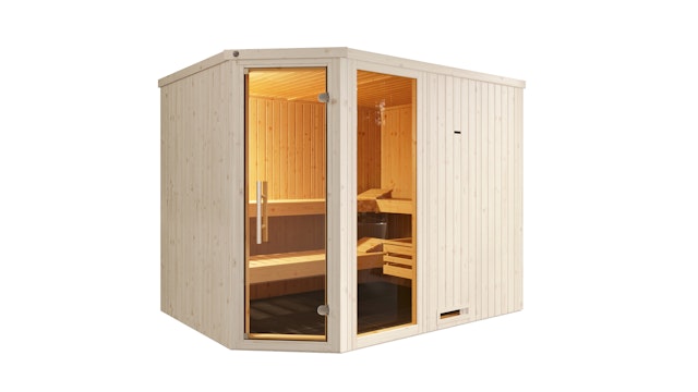 Weka Elementsauna Varberg 4 Trend Familiensauna mit Eckeinstieg & weiß lasierten Fronten - 68 mm inkl. 10-teiligem gratis Zubehörset (Gesamtwert 237,40 €) Vorschaubild Galerie