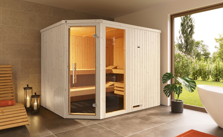 Weka Elementsauna Varberg 4 Trend Familiensauna mit Eckeinstieg & weiß lasierten Fronten - 68 mm inkl. gratis Sauna-Set im Wert von 240,40 € (10-teilig) Bild