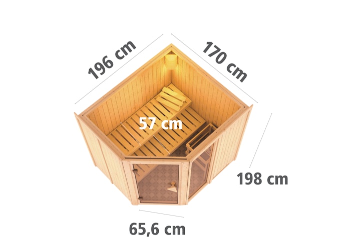 Karibu Sauna Fiona 2 mit Eckeinstieg 68 mm inkl. gratis Saunaofen & 8-teiligem Zubehörpaket (Gesamtwert 1071,91€) Bild