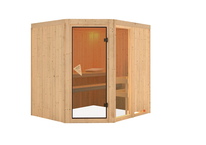 Karibu Sauna Fiona 2 mit Eckeinstieg 68 mm inkl. gratis Saunaofen & 8-teiligem Zubehörpaket (Gesamtwert 1071,91€) Bild