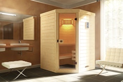 Weka Massivholz-Elementsauna Laukkala 1 mit Glastüre - 38 mm mit Eckeinstieg inkl. gratis Sauna-Set im Wert von 240,40 € (10-teilig)