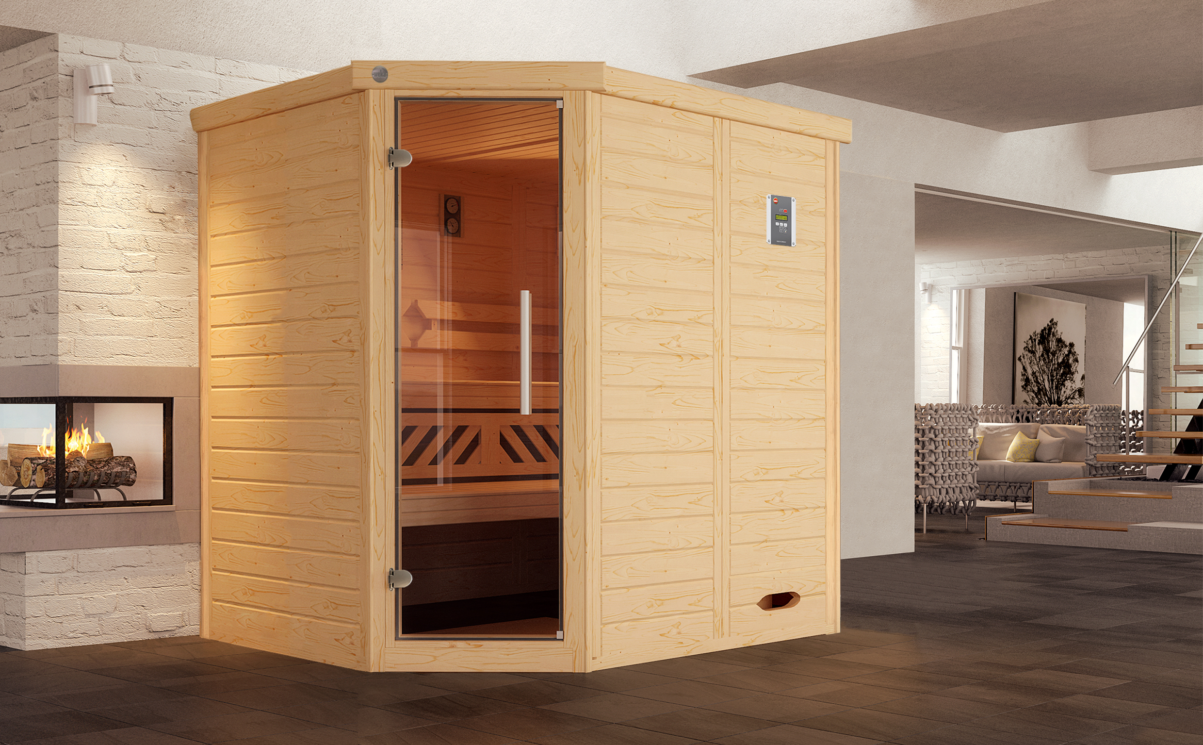 Vorschaubild Galerie Weka Premium Massivholz-Elementsauna Kemi Eck mit Glastür inkl. Komfortpaket - 45 mm inkl. 10-teiligem gratis Zubehörset (Gesamtwert 237,40 €)