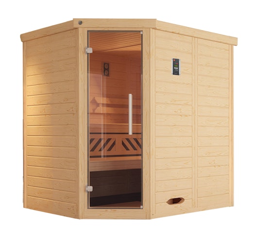 Weka Premium Massivholz-Elementsauna Kemi Eck mit Glastür inkl. Komfortpaket - 45 mm