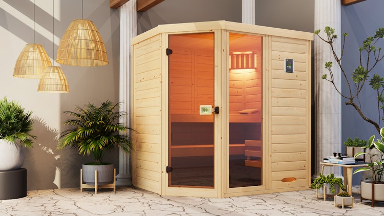 Weka Massivholz-Elementsauna Laukkala 2 mit Glastüre+Fenster - 38 mm mit Eckeinstieg inkl. gratis Sauna-Set im Wert von 240,40 € (10-teilig) Bild