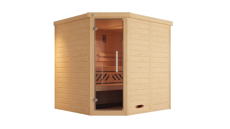 Weka Premium Massivholz-Elementsauna Kemi Eck 1 mit Glastür/Fenster inkl. Komfortpaket - 45 mm inkl. gratis Sauna-Set im Wert von 240,40 € (10-teilig) Bild