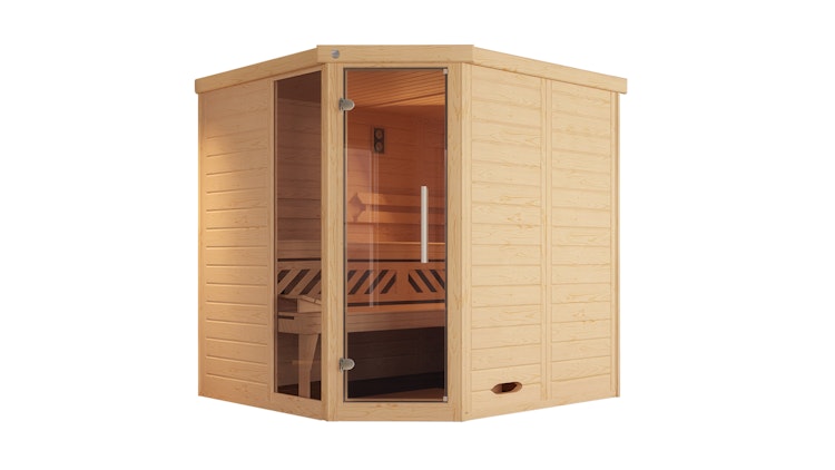 Weka Premium Massivholz-Elementsauna Kemi Eck 1 mit Glastür/Fenster inkl. Komfortpaket - 45 mm inkl. gratis Sauna-Set im Wert von 240,40 € (10-teilig) Bild