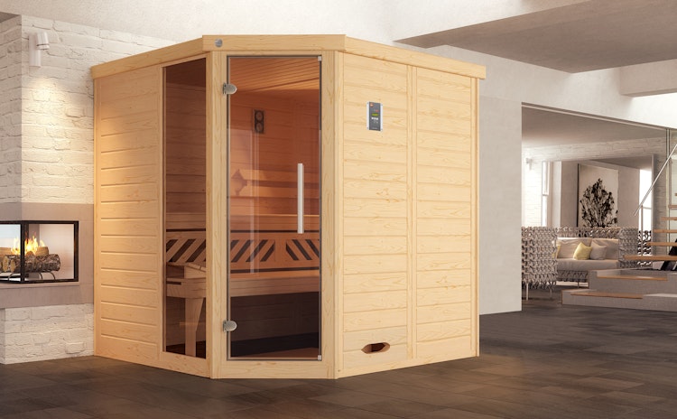 Weka Premium Massivholz-Elementsauna Kemi Eck 1 mit Glastür/Fenster inkl. Komfortpaket - 45 mm inkl. gratis Sauna-Set im Wert von 240,40 € (10-teilig) Bild