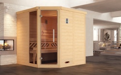 Weka Premium Massivholz-Elementsauna Kemi Eck 1 mit Glastür/Fenster inkl. Komfortpaket - 45 mm inkl. gratis Sauna-Set im Wert von 240,40 € (10-teilig)