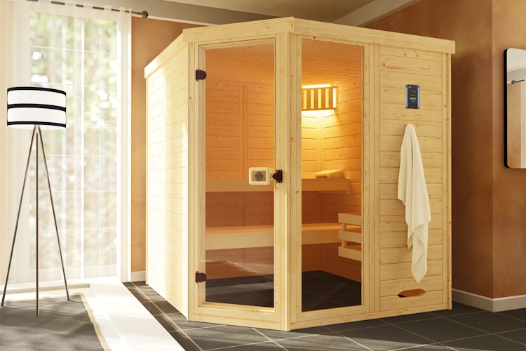 Weka Massivholz-Elementsauna Laukkala 3 mit Glastür+Fenster - 38 mm mit Eckeinstieg inkl. gratis Sauna-Set im Wert von 240,40 € (10-teilig) Bild