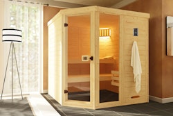 Weka Massivholz-Elementsauna Laukkala 3 mit Glastür+Fenster - 38 mm mit Eckeinstieg inkl. gratis Sauna-Set im Wert von 240,40 € (10-teilig)