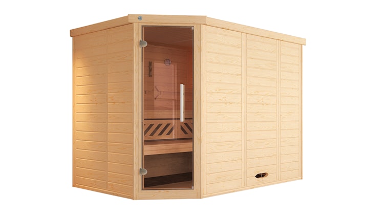 Weka Premium Massivholz-Elementsauna Kemi Eck 2 mit Glastür/Fenster inkl. Komfortpaket - 45 mm inkl. gratis Sauna-Set im Wert von 240,40 € (10-teilig) Bild