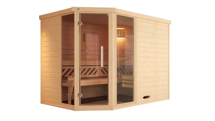 Weka Premium Massivholz-Elementsauna Kemi Eck 2 mit Glastür/Fenster inkl. Komfortpaket - 45 mm inkl. gratis Sauna-Set im Wert von 240,40 € (10-teilig) Bild