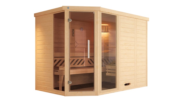 Weka Premium Massivholz-Elementsauna Kemi Eck 2 mit Glastür/Fenster inkl. Komfortpaket - 45 mm inkl. 10-teiligem gratis Zubehörset (Gesamtwert 237,40 €) Vorschaubild Galerie