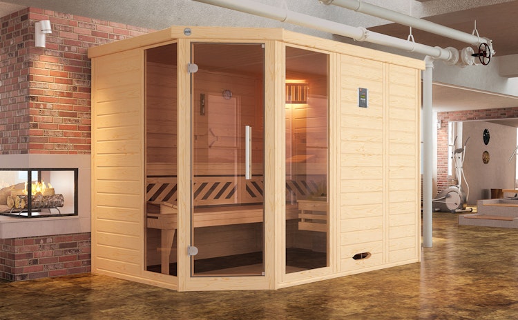 Weka Premium Massivholz-Elementsauna Kemi Eck 2 mit Glastür/Fenster inkl. Komfortpaket - 45 mm inkl. gratis Sauna-Set im Wert von 240,40 € (10-teilig) Bild