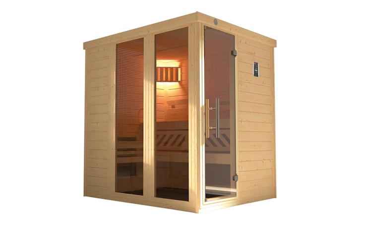 Weka Premium Massivholz-Elementsauna Kemi Panorama 1 mit Glastür+2 Fenster und Sternenhimmel - 45 mm inkl. gratis Sauna-Set im Wert von 240,40 € (10-teilig) Bild