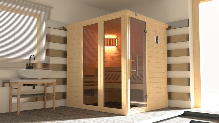 Weka Premium Massivholz-Elementsauna Kemi Panorama 1 mit Glastür+2 Fenster und Sternenhimmel - 45 mm inkl. gratis Sauna-Set im Wert von 240,40 € (10-teilig) Bild