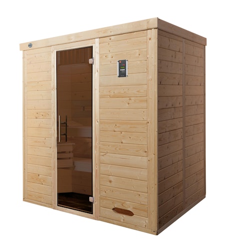 Weka Premium Massivholz-Elementsauna Kemi 3 mit Glastür - 45 mm inkl. gratis Sauna-Set im Wert von 240,40 € (10-teilig)