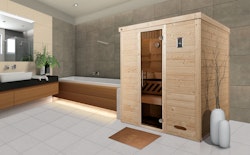 Weka Premium Massivholz-Elementsauna Kemi 4 mit Glastür - 45 mm inkl. gratis Sauna-Set im Wert von 240,40 € (10-teilig)