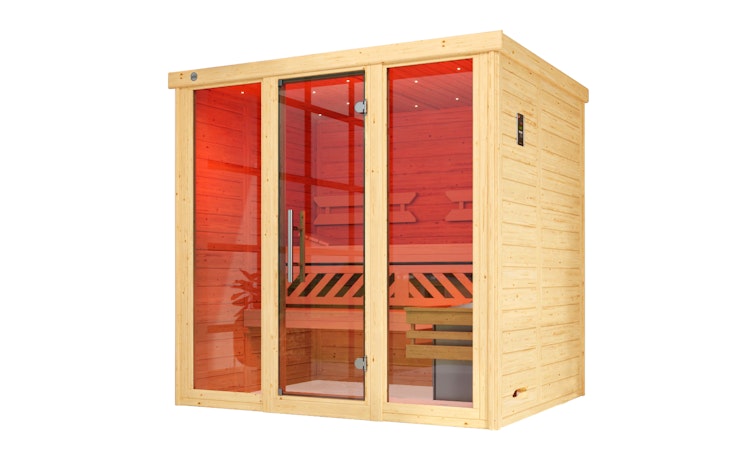 Weka Premium Massivholz-Elementsauna Kemi Panorama 2 mit Glastür+2 Fenster und Sternenhimmel - 45 mm inkl. gratis Sauna-Set im Wert von 240,40 € (10-teilig) Bild