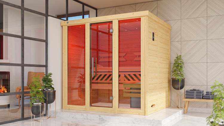 Weka Premium Massivholz-Elementsauna Kemi Panorama 2 mit Glastür+2 Fenster und Sternenhimmel - 45 mm inkl. gratis Sauna-Set im Wert von 240,40 € (10-teilig) Bild