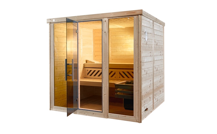 Weka Premium Massivholz-Elementsauna Kemi Panorama 3 mit Glastür+2 Fenster und Sternenhimmel - 45 mm inkl. gratis Sauna-Set im Wert von 240,40 € (10-teilig) Bild