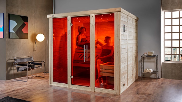 Weka Premium Massivholz-Elementsauna Kemi Panorama 3 mit Glastür+2 Fenster und Sternenhimmel - 45 mm inkl. gratis Sauna-Set im Wert von 240,40 € (10-teilig) Bild