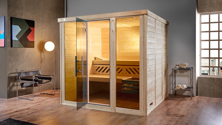 Weka Premium Massivholz-Elementsauna Kemi Panorama 3 mit Glastür+2 Fenster und Sternenhimmel - 45 mm inkl. gratis Sauna-Set im Wert von 240,40 € (10-teilig) Bild