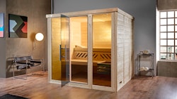 Weka Premium Massivholz-Elementsauna Kemi Panorama 3 mit Glastür+2 Fenster und Sternenhimmel - 45 mm inkl. gratis Sauna-Set im Wert von 240,40 € (10-teilig)