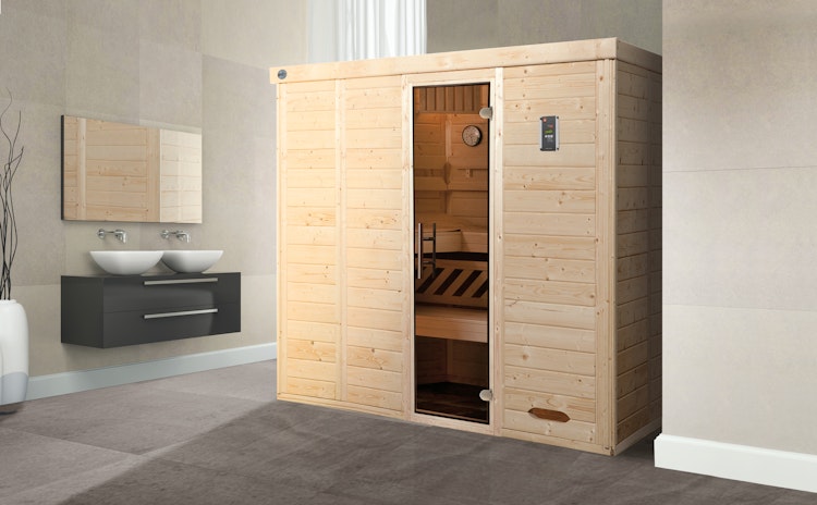 Weka Premium Massivholz-Elementsauna Kemi 5 mit Glastür - 45 mm inkl. gratis Sauna-Set im Wert von 240,40 € (10-teilig) Bild