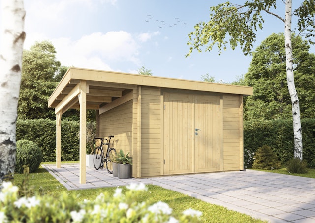 Wolff Finnhaus Gartenhaus Gerätehaus Pulti 34-B Typ 1 mit 150 cm Seitendach A inkl. gratis Fundamentanker/Pads Vorschaubild Galerie