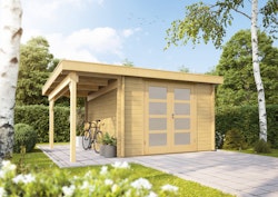 Wolff Finnhaus Gartenhaus Gerätehaus Pulti 34-B  Typ 5 mit 150 cm Seitendach A inkl. gratis Fundamentanker/Pads