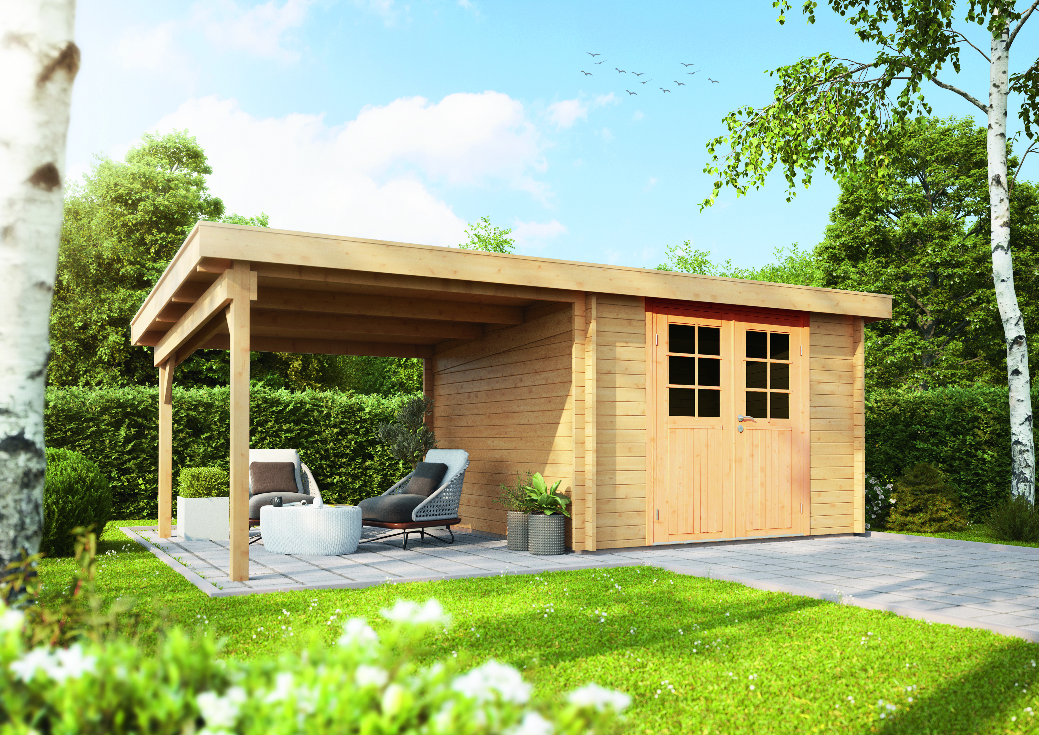 Vorschaubild Galerie Wolff Finnhaus Gartenhaus Gerätehaus Pulti 34-B Typ 2 mit 300 cm Seitendach C inkl. gratis Fundamentanker/Pads