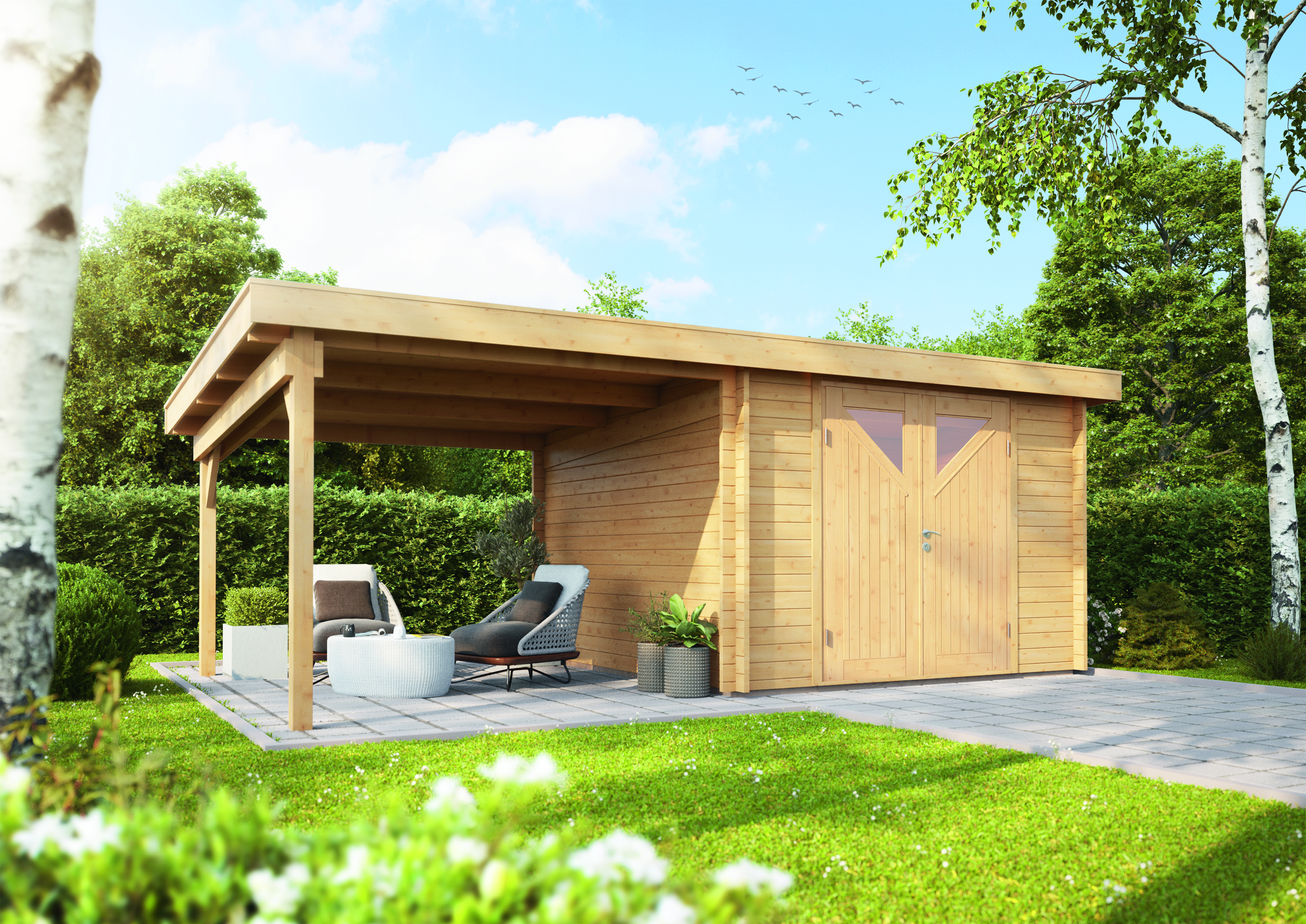Vorschaubild Galerie Wolff Finnhaus Gartenhaus Gerätehaus Pulti 34-B Typ 4 mit 300 cm Seitendach C inkl. gratis Fundamentanker/Pads