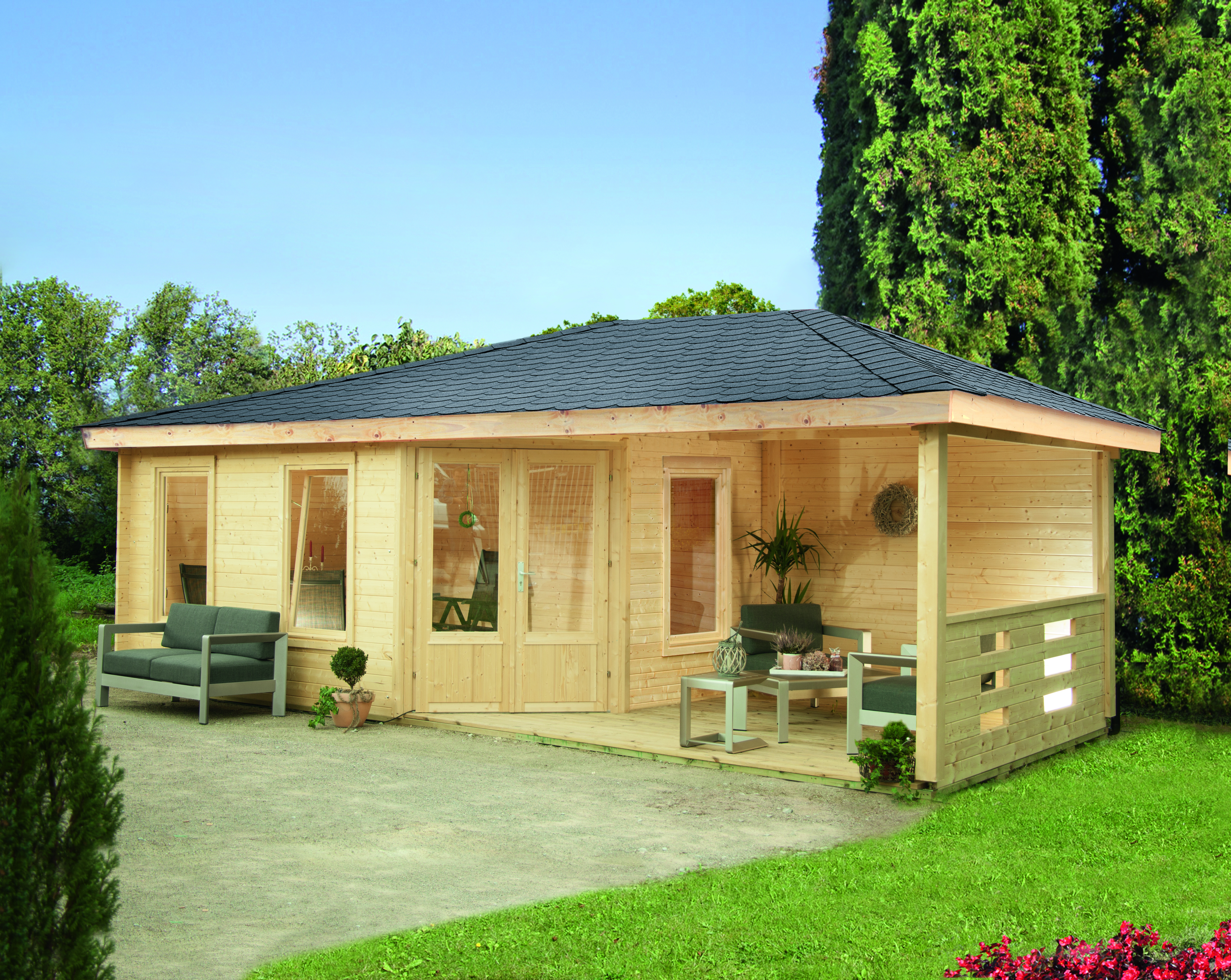 Vorschaubild Galerie Wolff Finnhaus Gartenhaus Anna 40-A/1+2-Raum mit 250 cm Terrasse inkl. gratis Fundamentanker/Pads