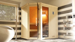 Weka Premium Massivholzsauna Cubilis 1 mit Glastür+Fenster 45 mm inkl. Montageservice inkl. 10-teiligem gratis Zubehörset (Gesamtwert 237,40 €)