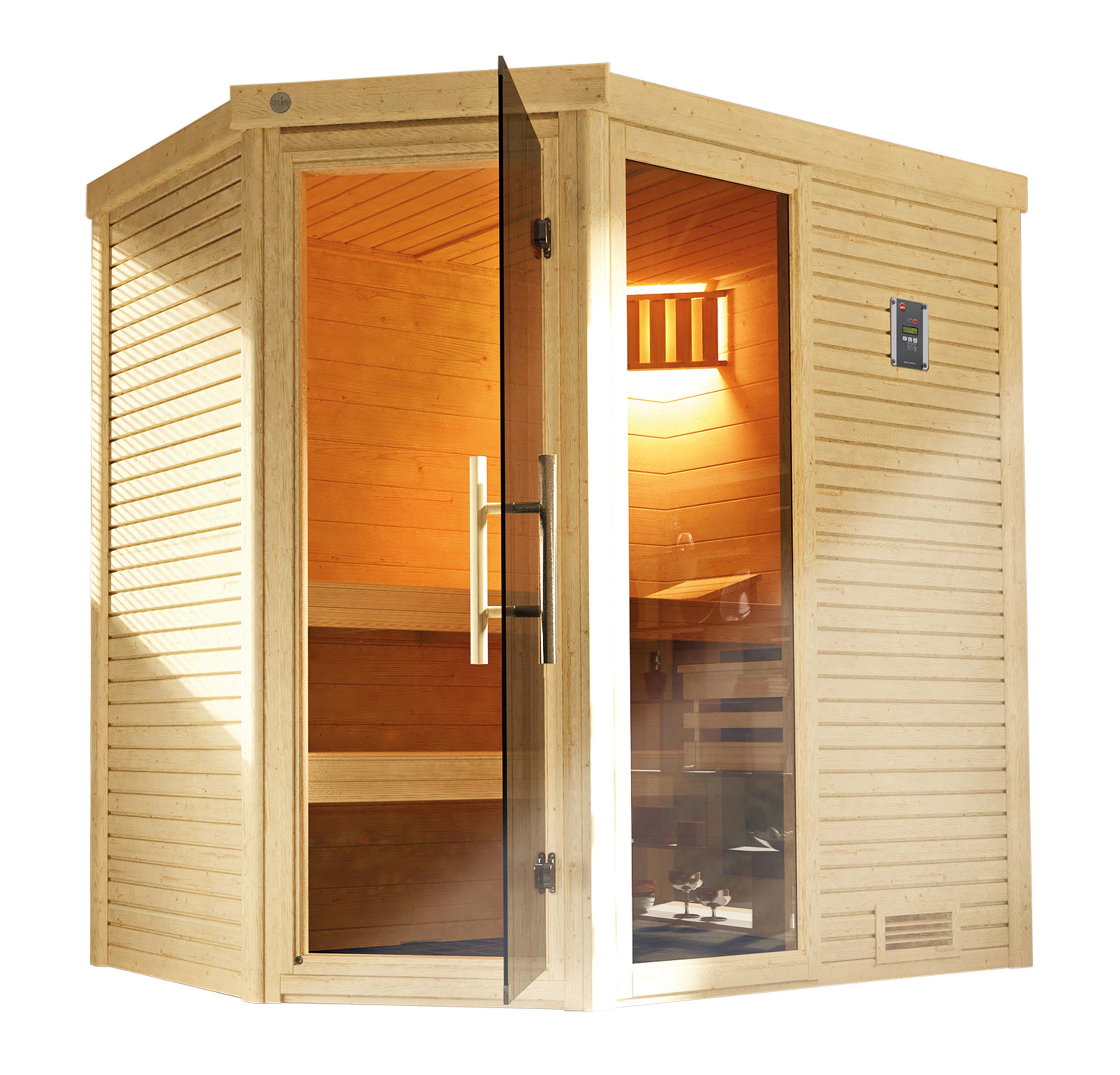 Vorschaubild Galerie Weka Premium Massivholzsauna Cubilis 1 mit Glastür+Fenster 45 mm inkl. Montageservice inkl. 10-teiligem gratis Zubehörset (Gesamtwert 237,40 €)