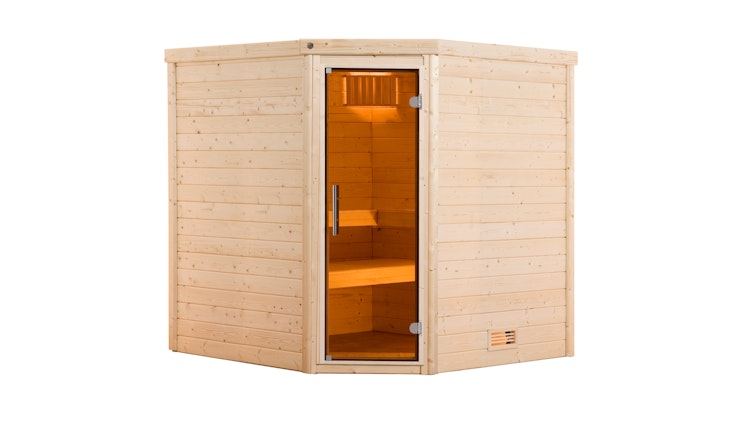 Weka Premium Massivholzsauna Turku 1 Sparset 2 inkl. 7,5 kW Bioaktiv-Ofen und Leuchtenset - 45 mm - "Alles dabei" inkl. gratis Sauna-Set im Wert von 240,40 € (10-teilig)