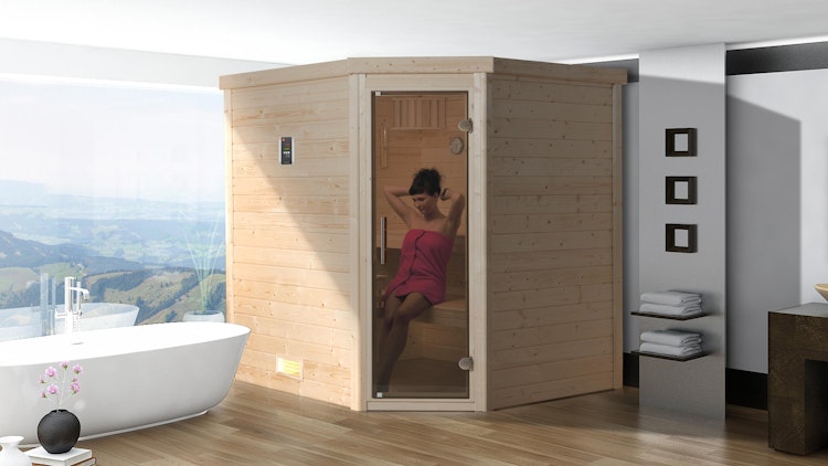 Weka Premium Massivholzsauna Turku 1 Sparset 2 inkl. 7,5 kW Bioaktiv-Ofen und Leuchtenset - 45 mm - "Alles dabei" inkl. gratis Sauna-Set im Wert von 240,40 € (10-teilig)