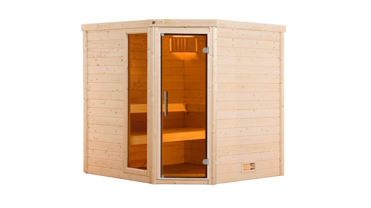 Weka Premium Massivholzsauna Turku 1 Sparset 1 inkl. 7,5 kW Ofen und Leuchtenset - 45 mm - "Alles dabei" inkl. gratis Sauna-Set im Wert von 240,40 € (10-teilig) Bild