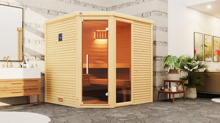 Weka Premium Massivholzsauna Cubilis 2 mit Glastür+Fenster inkl. Montageservice - 45 mm inkl. gratis Sauna-Set im Wert von 240,40 € (10-teilig) Bild