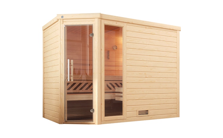 Weka Premium Massivholzsauna Turku 3 Familiensauna - 45 mm inkl. gratis Sauna-Set im Wert von 240,40 € (10-teilig)