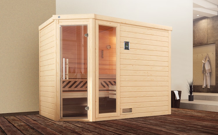 Weka Premium Massivholzsauna Turku 3 Familiensauna - 45 mm inkl. gratis Sauna-Set im Wert von 240,40 € (10-teilig)