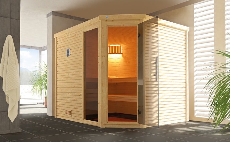 Weka Premium Massivholzsauna Cubilis 3 Familiensauna mit Glastür+Fenster inkl. Montageservice - 45 mm inkl. gratis Sauna-Set im Wert von 240,40 € (10-teilig) Bild