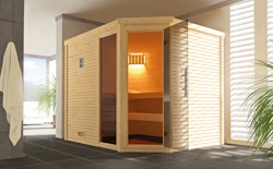 Weka Premium Massivholzsauna Cubilis 3 Familiensauna mit Glastür+Fenster inkl. Montageservice - 45 mm inkl. gratis Sauna-Set im Wert von 240,40 € (10-teilig)