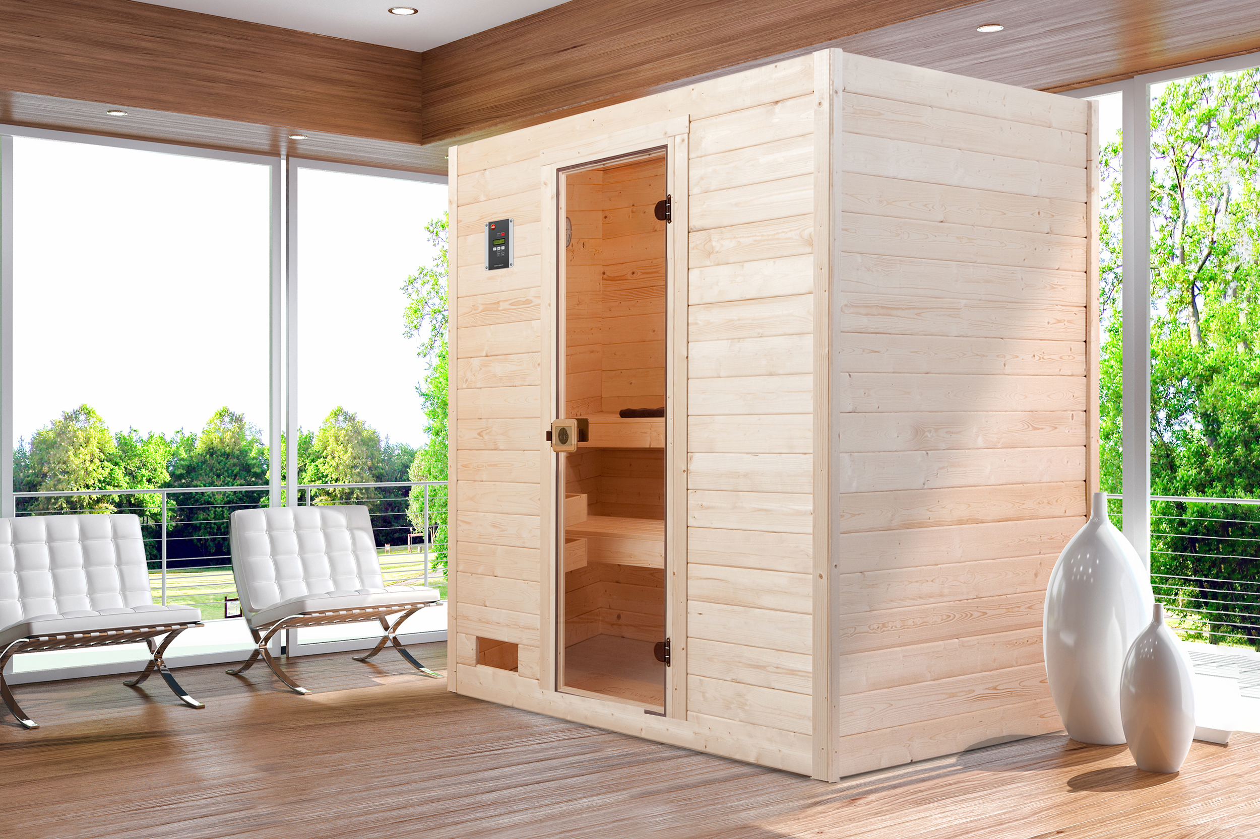 Vorschaubild Galerie Weka Sauna Valida Gr. 2 mit Glastür - Massivholzsauna 38 mm inkl. 10-teiligem gratis Zubehörset (Gesamtwert 237,40 €)