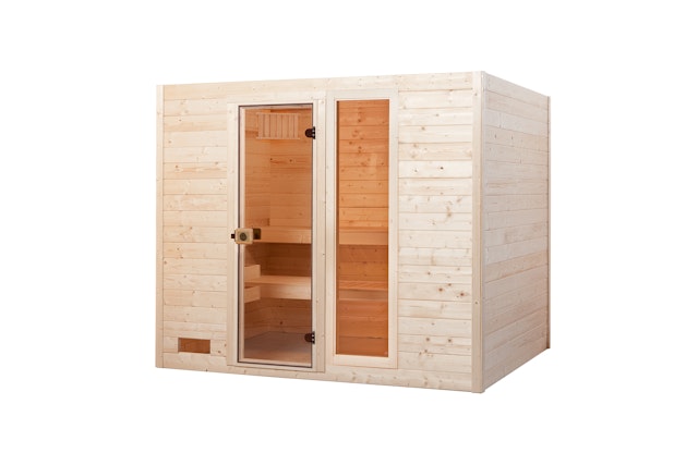 Weka Massivholzsauna Valida E 4 mit Glastür + Fenster - Massivholzsauna 38 mm inkl. 10-teiligem gratis Zubehörset (Gesamtwert 237,40 €) Vorschaubild Galerie